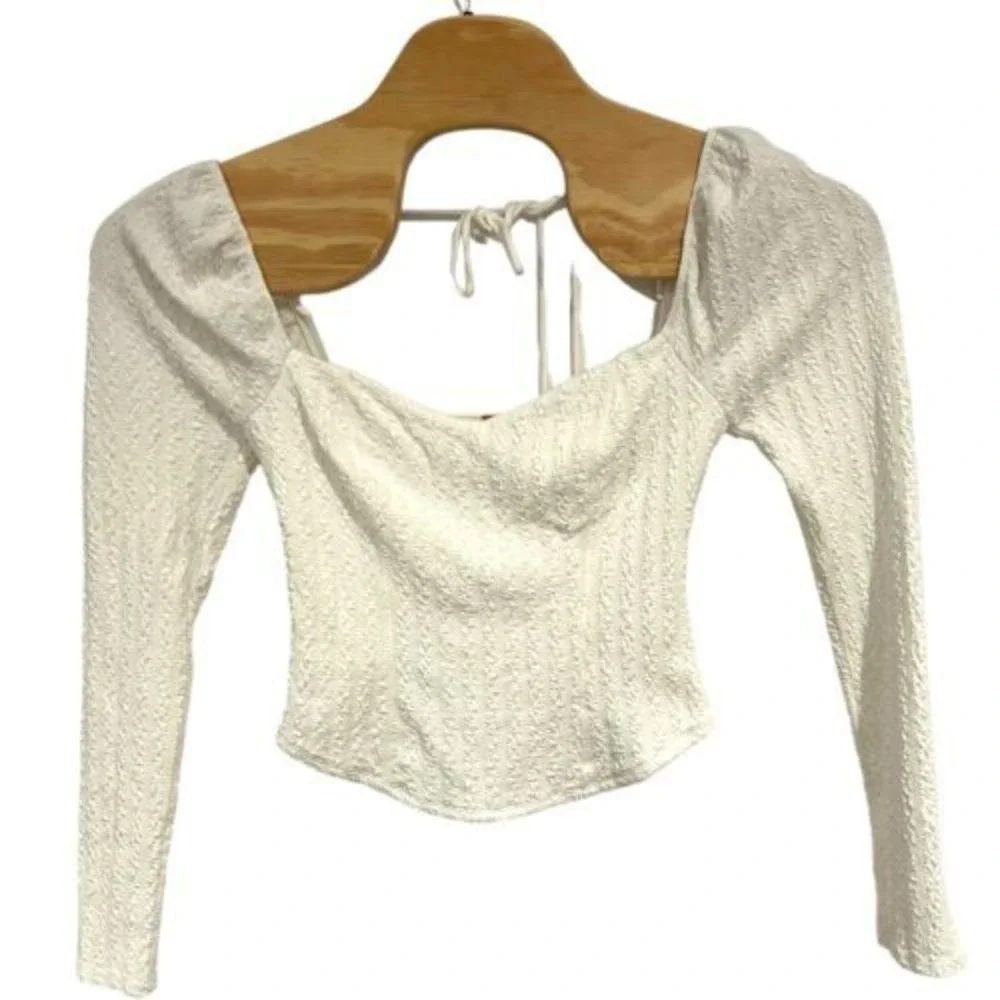 Free People Brittany Smocked‎ Top Winter White Tie Back Long Sleeve M